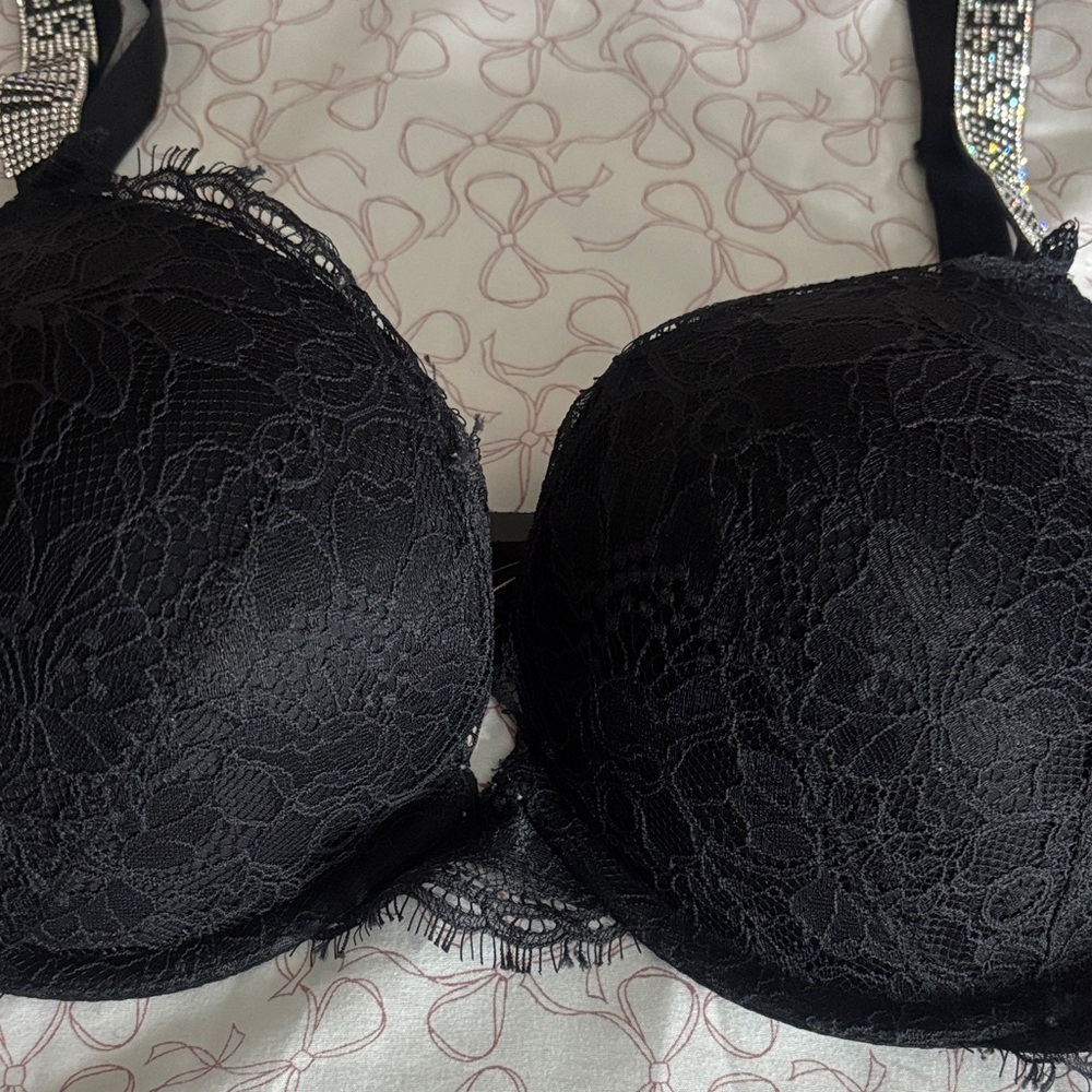 Elegant Victoria secret push up Black Lace Bra with rhinestone straps - Picture 5 of 8